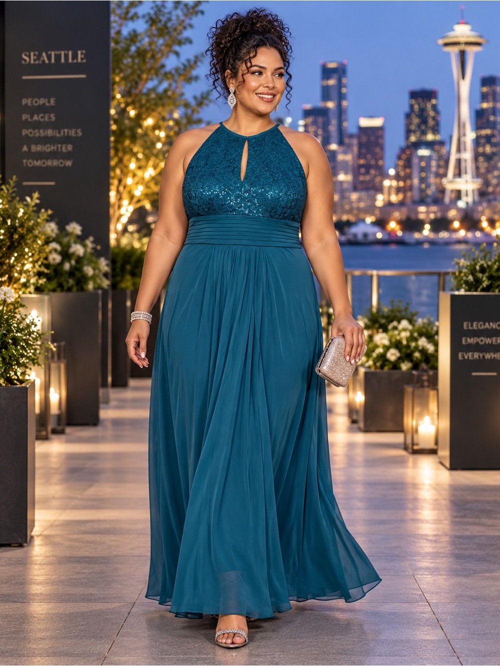Betsy & Adam 16W Green Lace Halter A-Line Gala Gown NWT Formal Evening